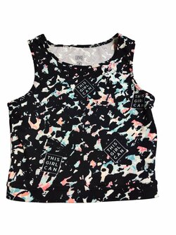 Crop tílko pro holky černé se skvrnami a nápisy secondhand