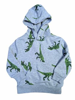 Šedá mikina s dinosaury s kapucí secondhand JEFF&CO Šedá mikina s dinosaury s kapucí secondhand JEFF&CO