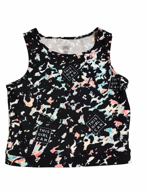 Crop tílko pro holky černé se skvrnami a nápisy secondhand