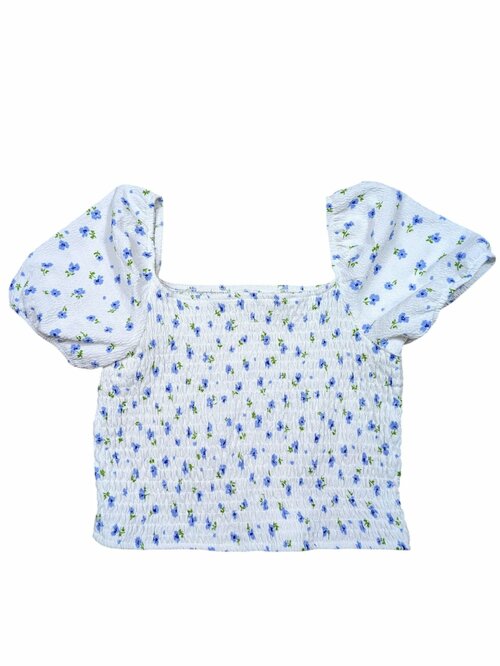 Crop bílé triko s nabíranými rukávy a kytičkami secondhand