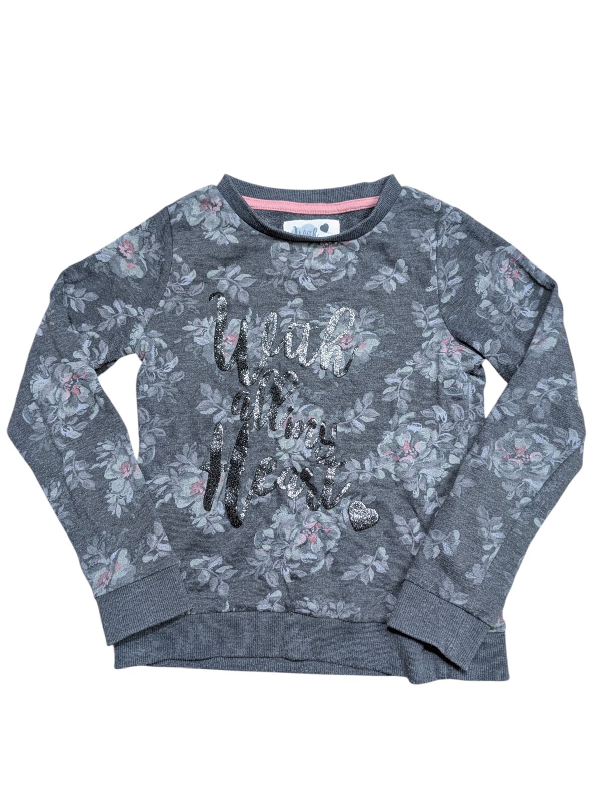 Šedá kytkovaná mikina s nápisem pro holky secondhand PocoPiano