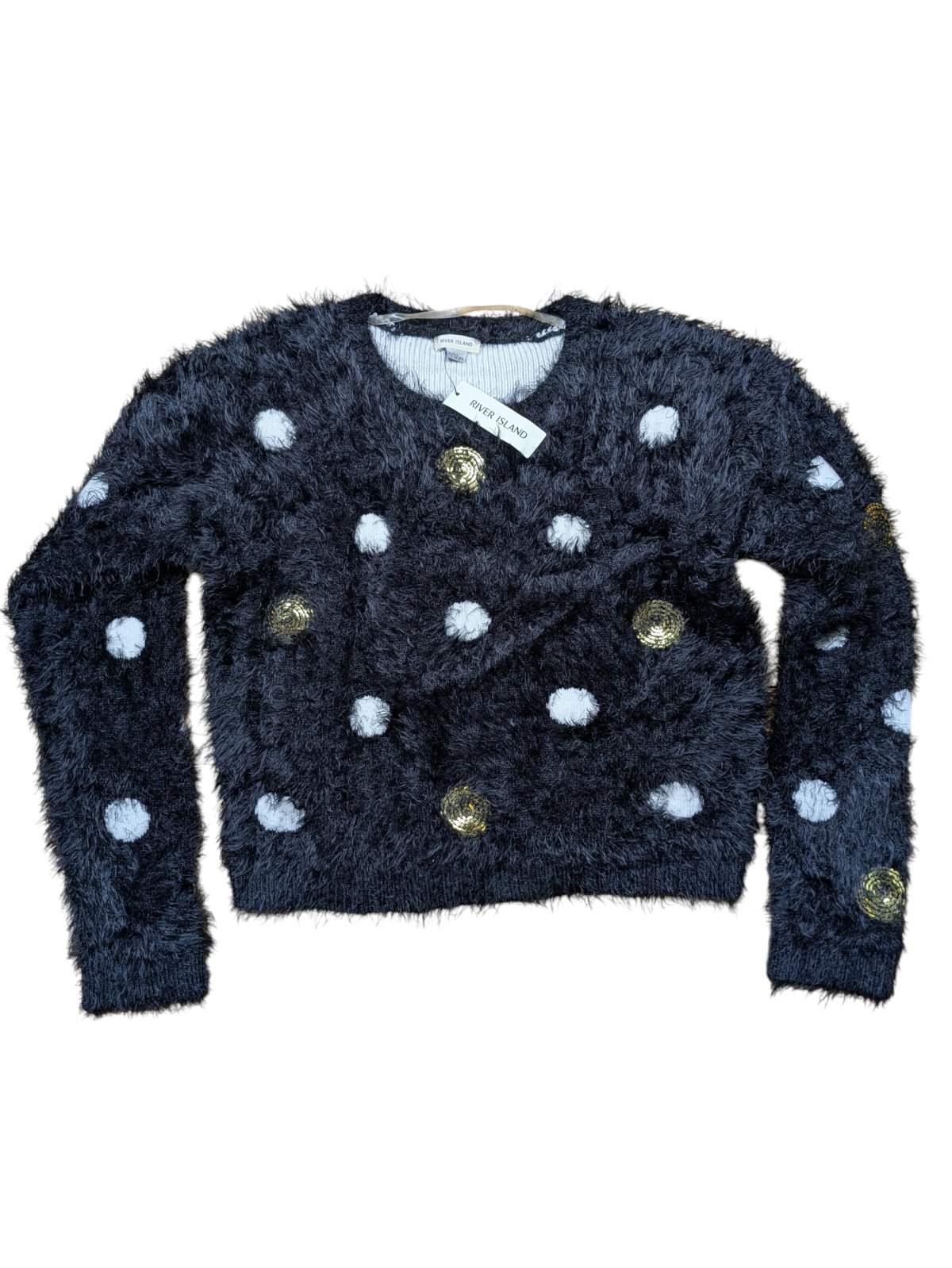 Černý chlupatý svetr s puntíky pro holky outlet RIver Island